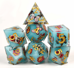 Dice Set: 7 Set Polyhedral Sharp Edge Resin Teal Flower Rose MM705